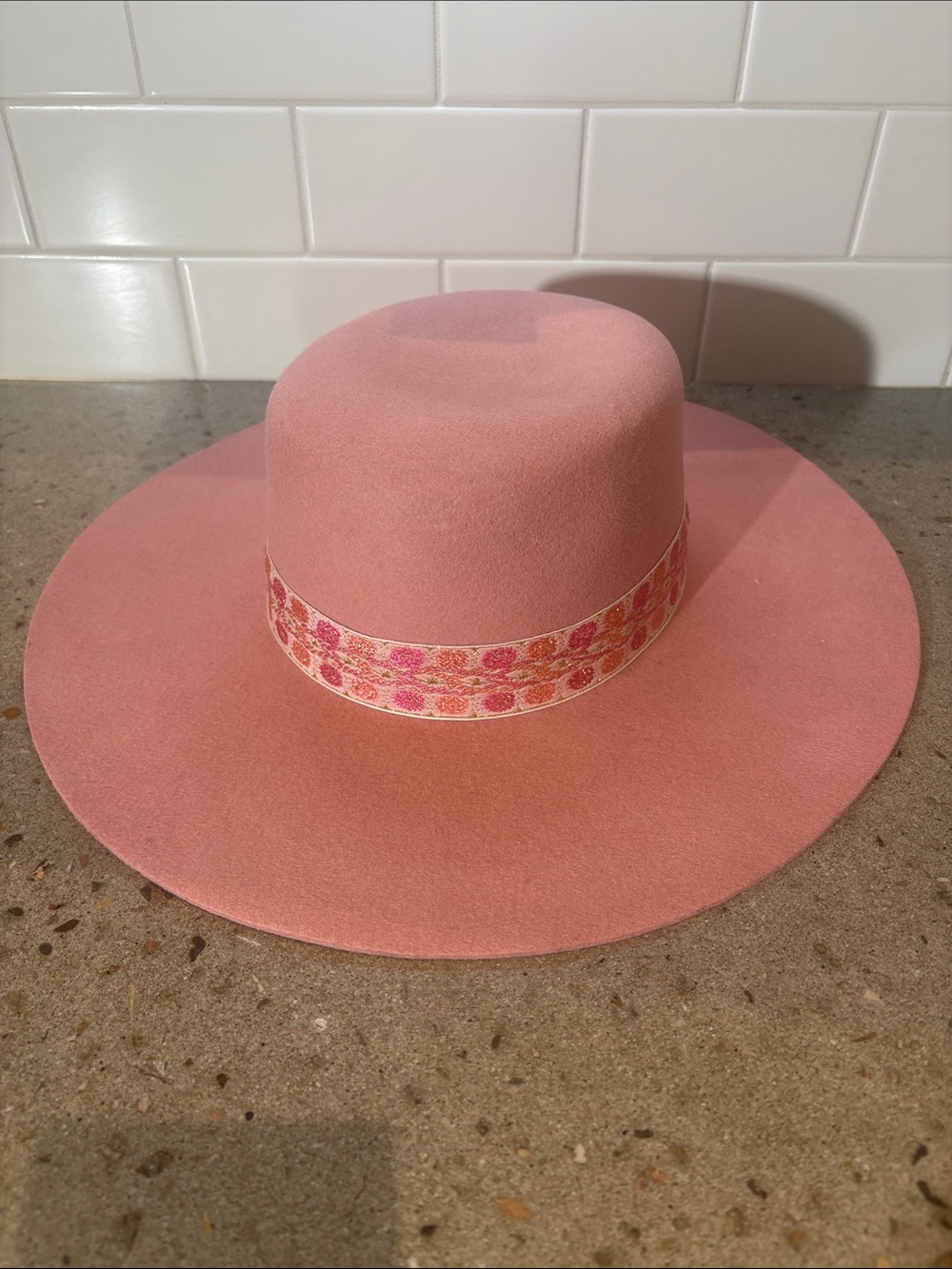Lack of Color Pink Wool Wide Brim Boater Hat Floral Ribbon
